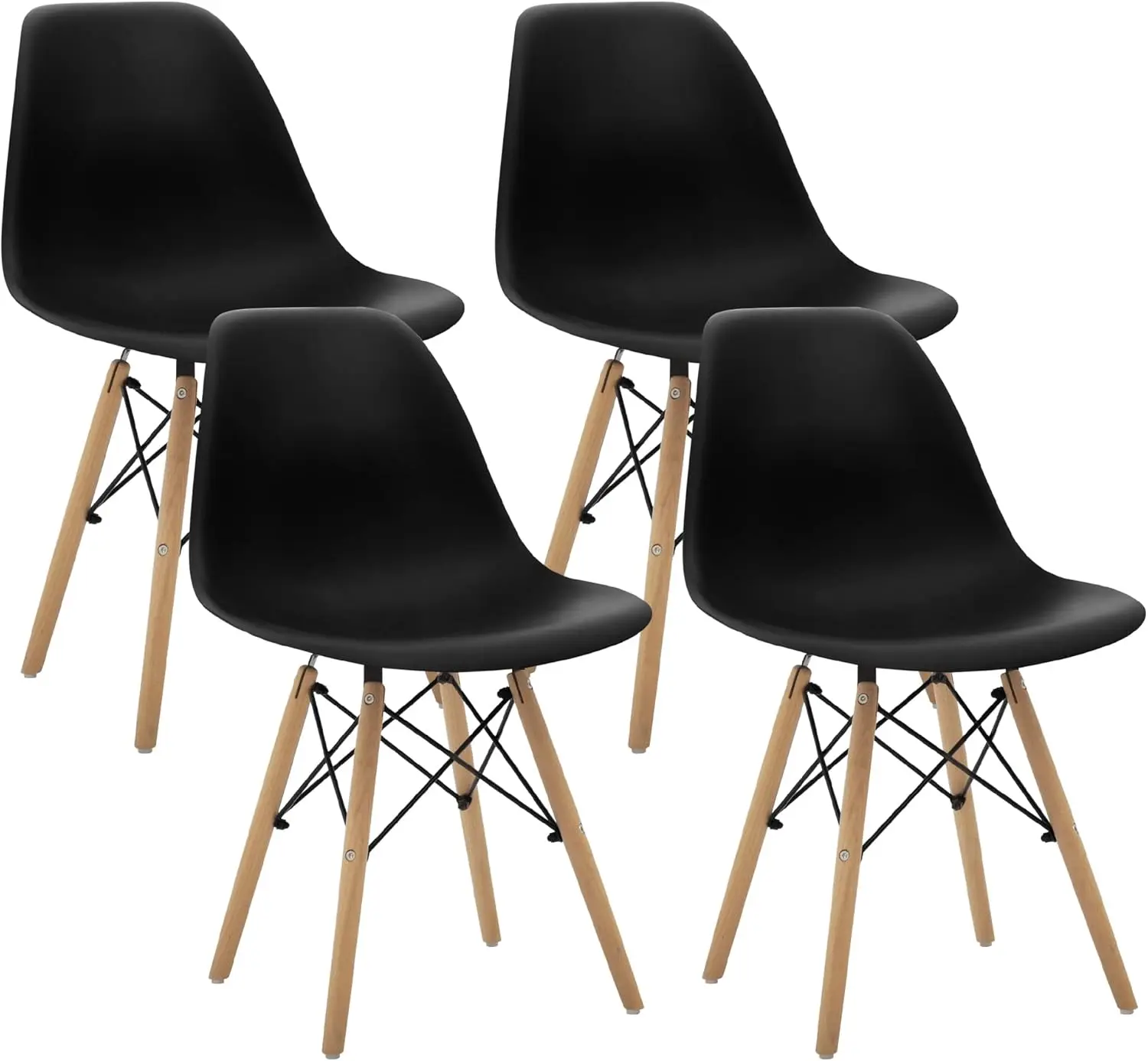Modern Mid- Shell Lounge Plastic Natural Wooden Legs For Kitchen, Dining, Bedroom, Living Room Side Chairs, Set Of 4, Black
