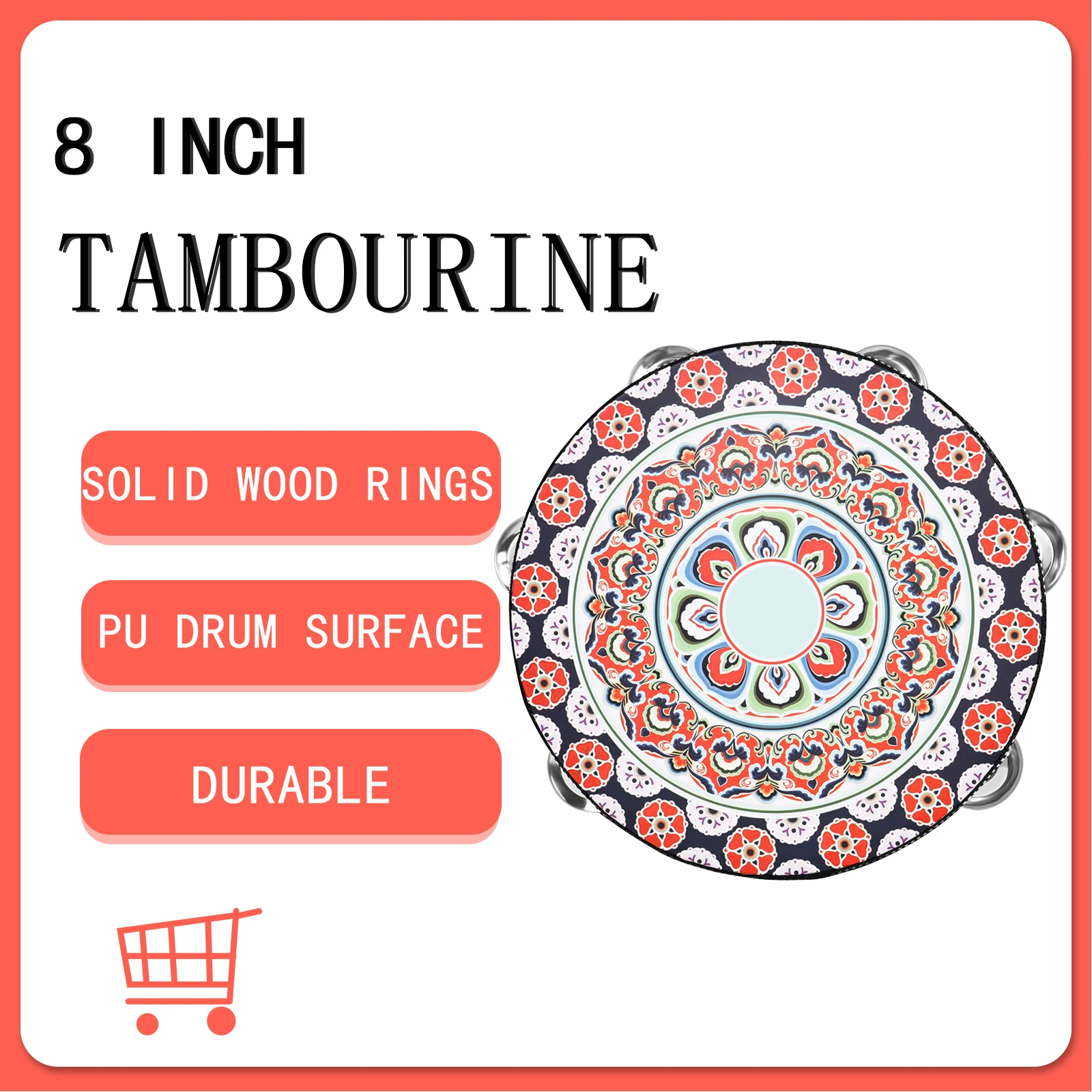IRIN 8 Inch Tambourine Hand Drum Dunhuang Style Stainless Steel Bells Drums Percussion Musical Instruments Orff Red Flower Drums