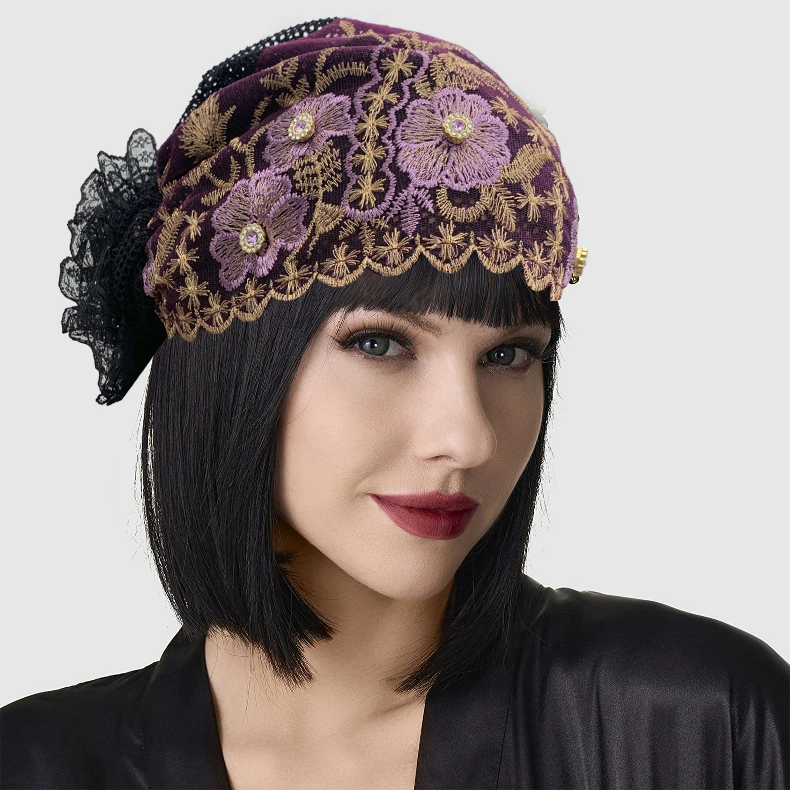 

Diamonds Mesh Embroidery Lace Turban Caps for Women Muslim Headscarf Bonnet Headwear Hat Ladies Head Wraps Summer Hats