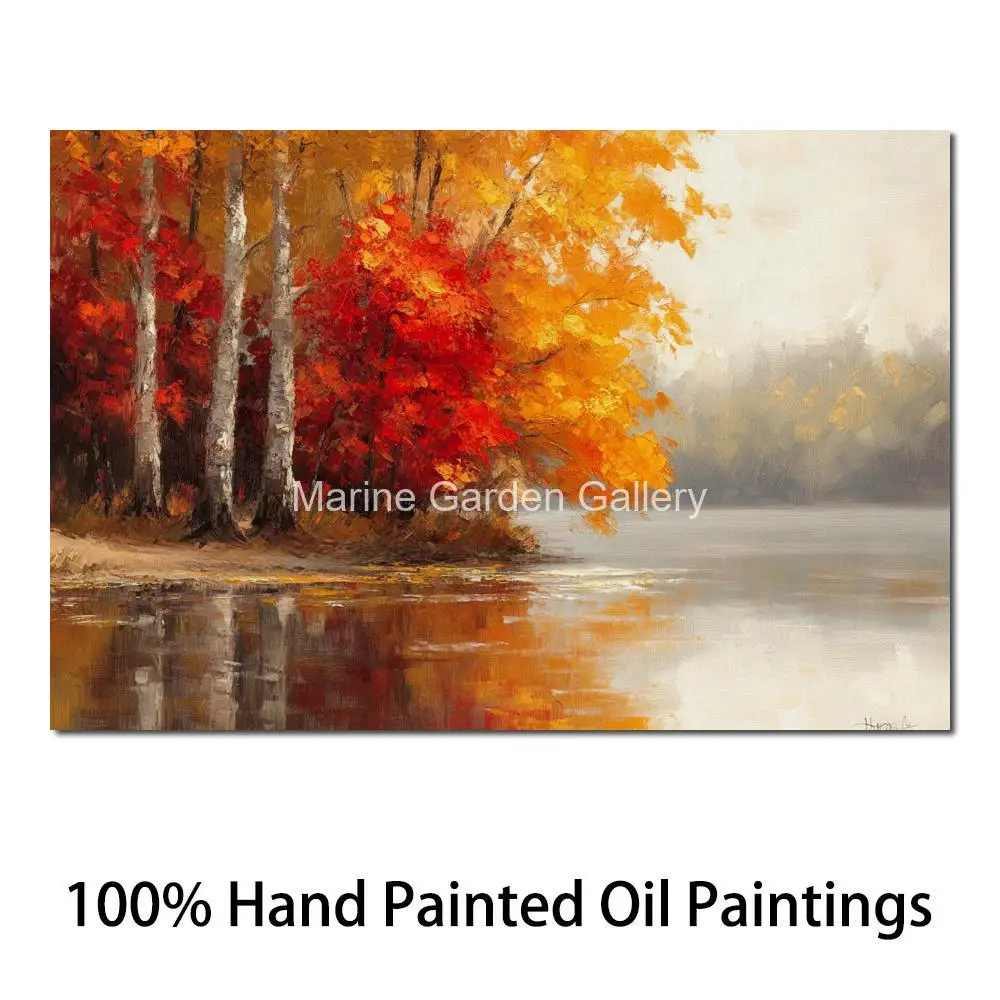 

Abstract Landscape Canvas Wall Art Oil Painting Hand Painted Autumn River Modern Picture for Bathroom Home Decor Textured Large