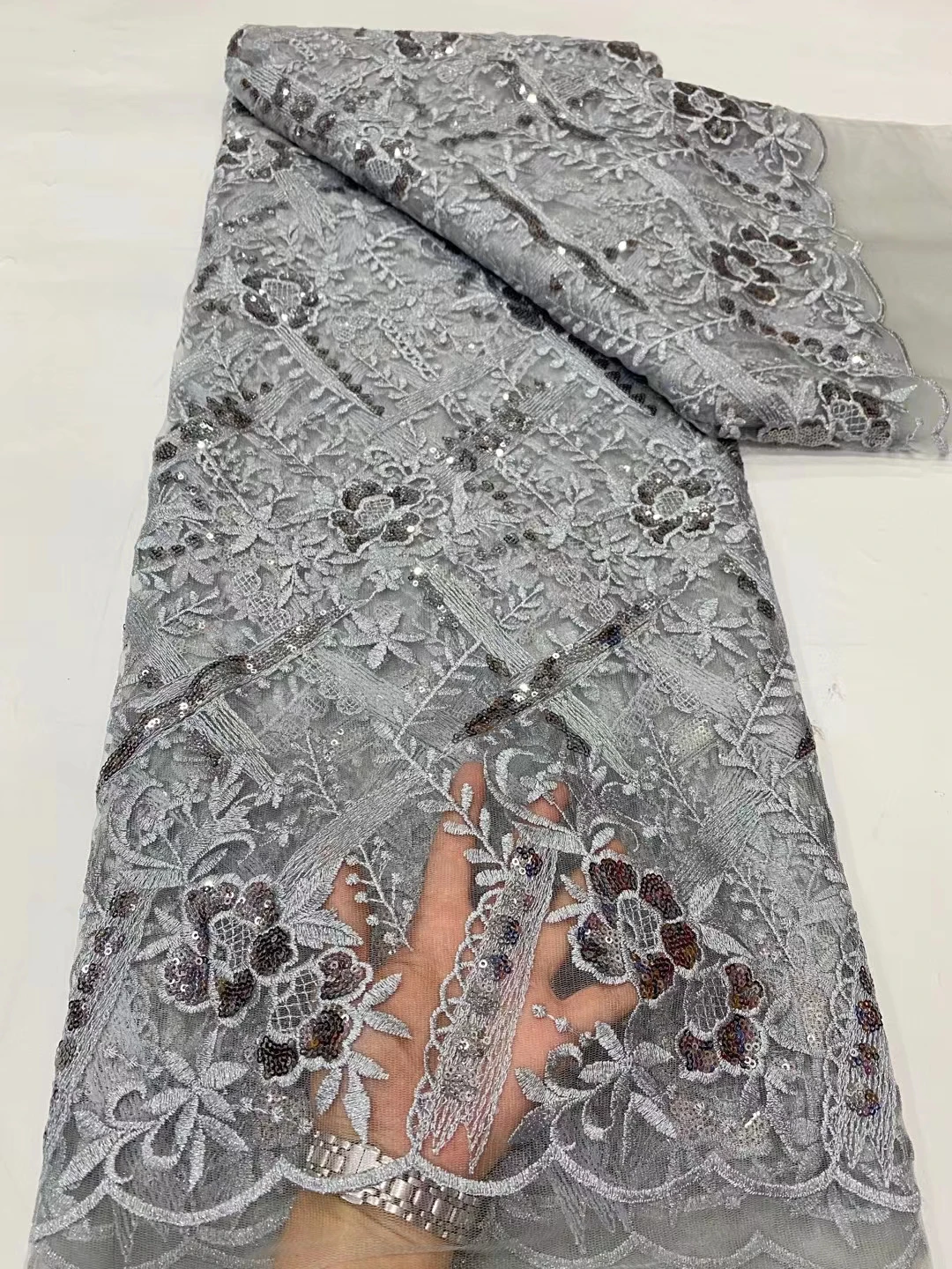 LDPN262 Gray color African net lace fabric with sequins,good quality embroidered French tulle lace for party/wedding dress