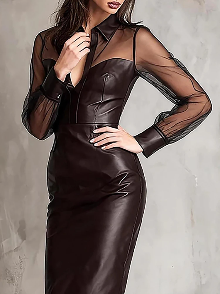 

Elegant Pu Leather Patchwork Mesh Women's Elegant Midi Dress Lapel Sheer Puff Sleeve High Street Vintage Office Ladies Dresses