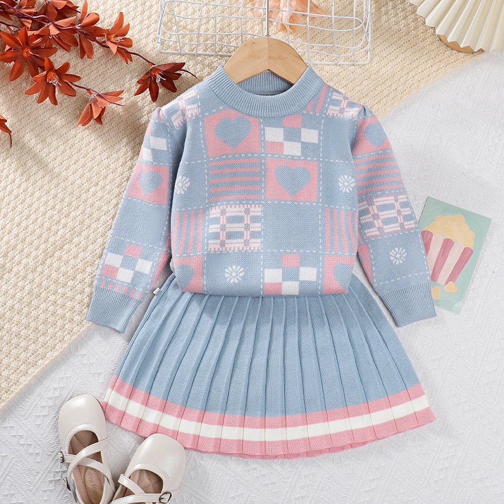 Bär Führer Mädchen Pullover Sets 2023 Herbst/Winter Stricken Set Mädchen Geometrische Gedruckt Stricken Top + Gestreiften Falten rock Zwei Stück Set