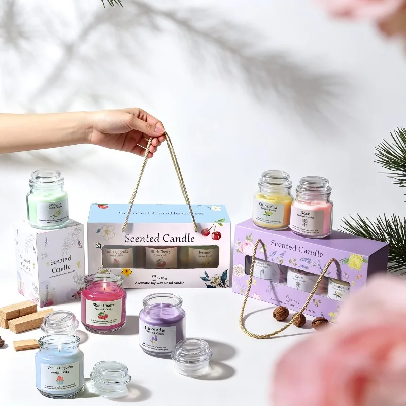 Christmas Scented Candle Set of 3 Jars Rose Osmanthus Lavender Cedar Fragrance 30H Burn Time Aromatherapy Jar Candle Xmas Gift