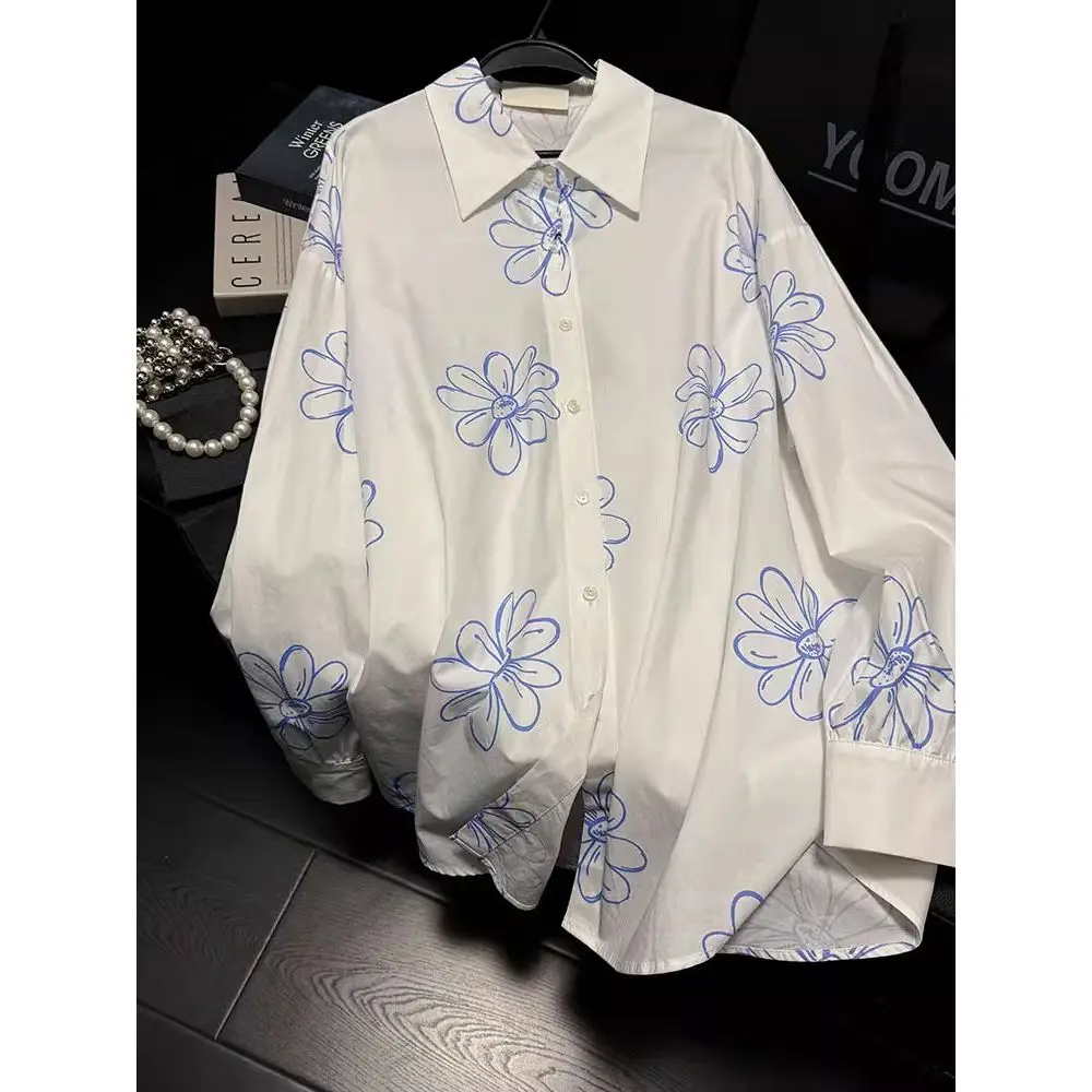 

Spring Summer Oversized Trend Buttons Long Sleeve Blouse Female Casual Korean Printing Loose Turn-down Collar Shirts Women Tops