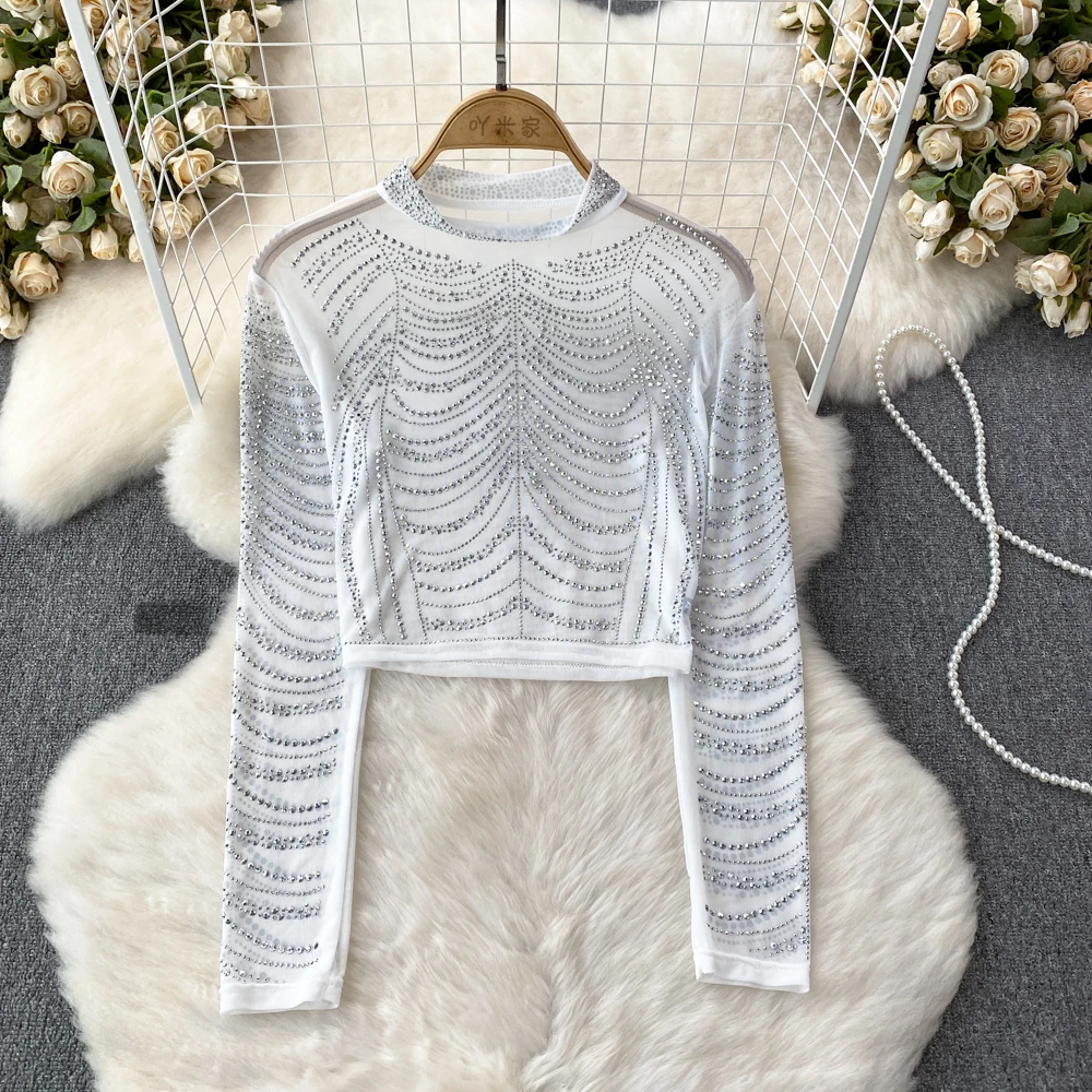 Spring Autumn Fashion Perspective Diamond Mesh T-shirt For Women Long Sleeve Slim Fit Show Thin Girls Street Style Top T-shirt