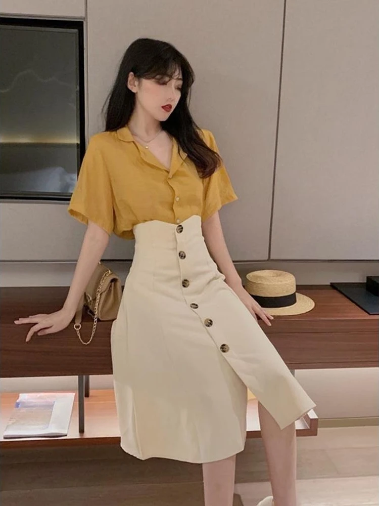 

2026 Summer Korean Fashion Women's Casual Outfit Set Short Sleeve Button Front Shirt With High Waist Skirt Office Lady Style