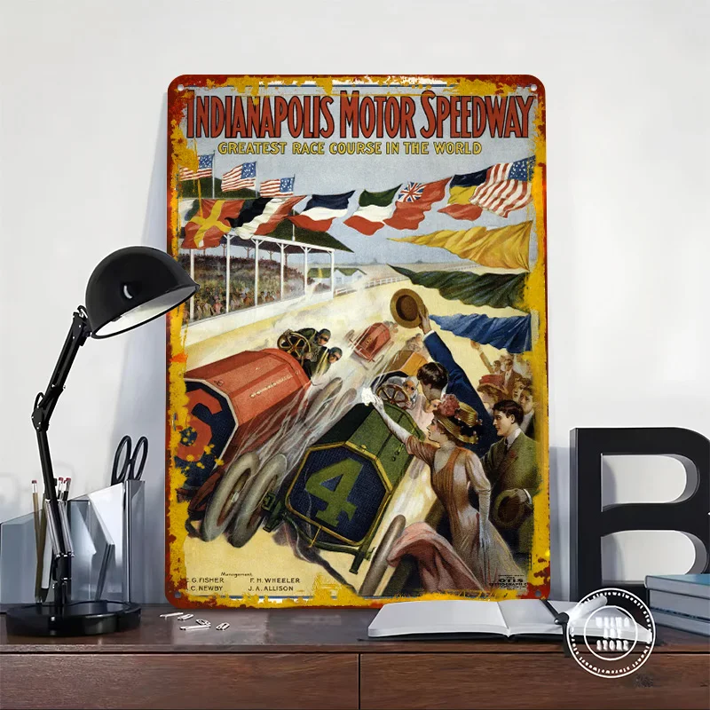 Indianapolis Motor Speedway 1909 Metal Poster Custom Wall Art Retro Vintage Tinplate Signs for Man Cave Gamer Room Decoration