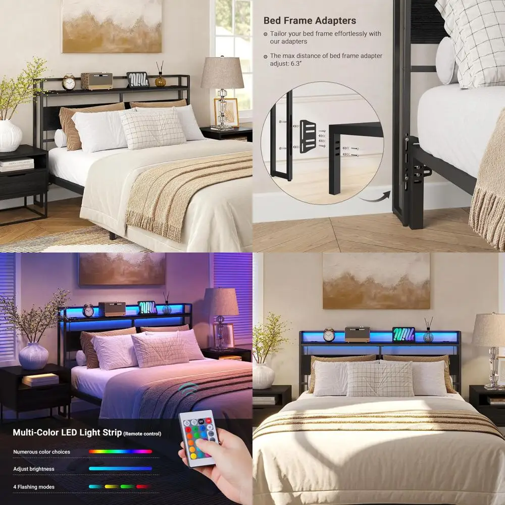 

Queen Bed Headboard with LED Light, USB Ports, Outlets, and Adjustable Shelf, Black