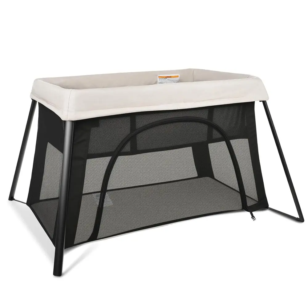 2-in-1 Portable Baby Playpen with Bassinet, Lightweight Foldable Playard for Travel, Creamy Mesh & Zipper Door Playard