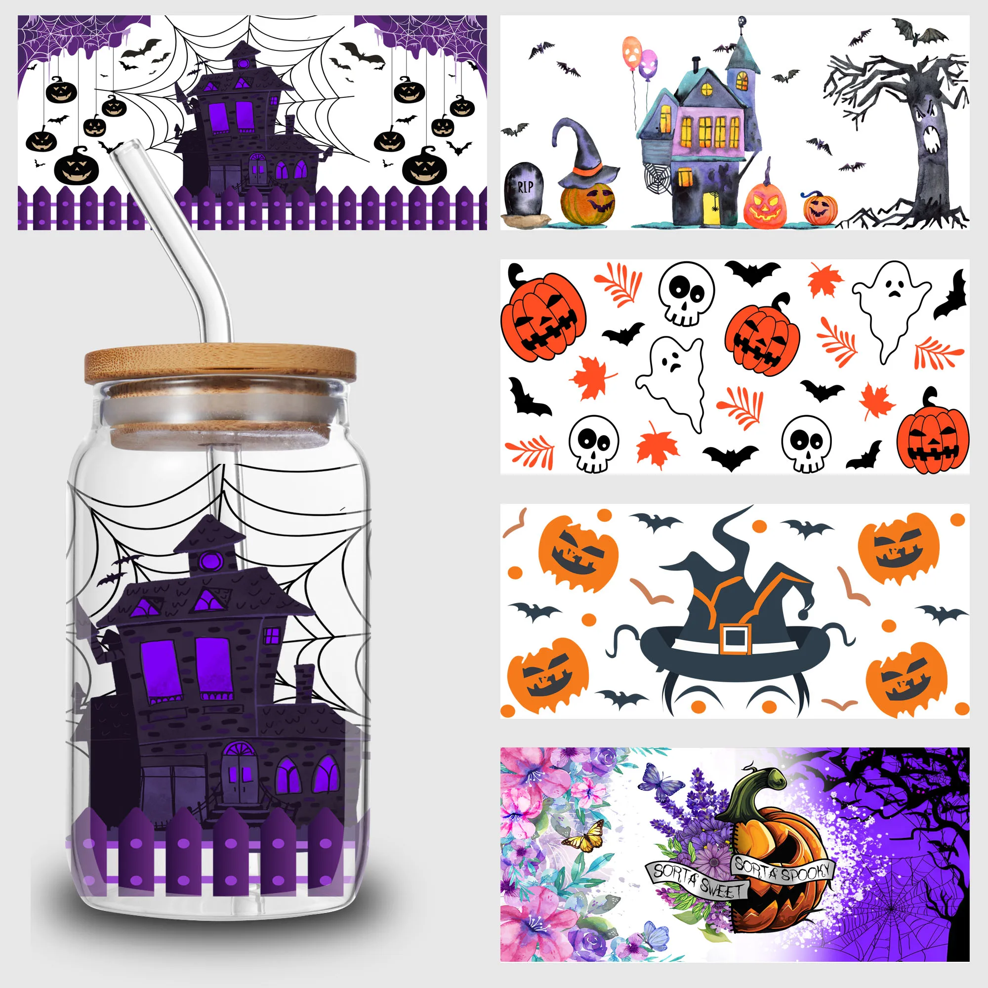 5 Sheets Halloween UV DTF Glass Stickers 16 oz, DTF Cup Sticker Transfer, Waterproof Friction Transfer Stickers