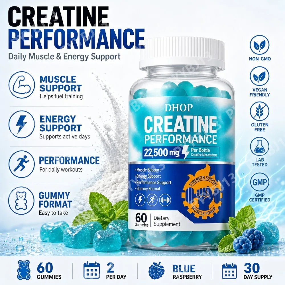 DHOP Creatine Monohydrate Gummies Sugar Free Muscle Support Supplement with Electrolytes Vitamin D3 Blueberry Flavour Chewable