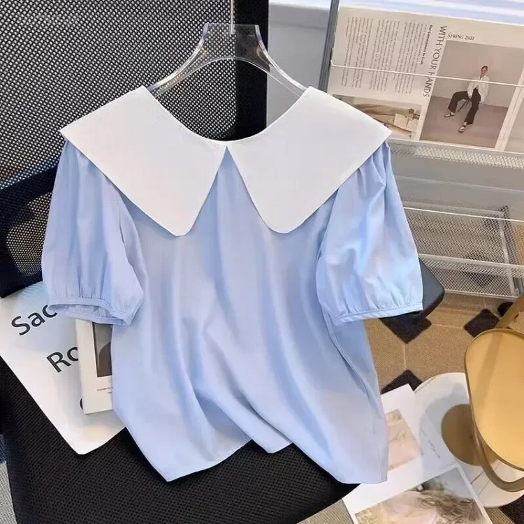 Elegant Sweet Lapel Neck Bow Lace Up Blouses Spring Summer New Blue Shirts Women Y2k Short Sleeve Loose Blusas Mujer