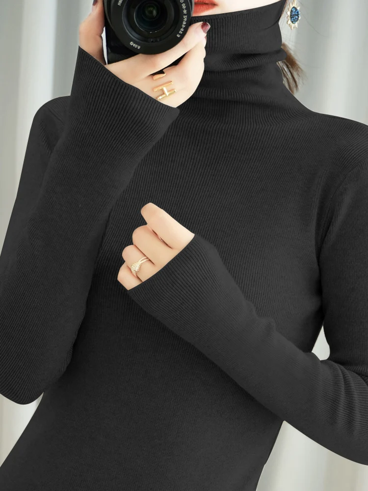 Autumn Winter Thick Warm Jumpers High Strecth Korean Fashion Base Layer Tops Women Sweater Turtleneck Slim Fit Solid Pullovers