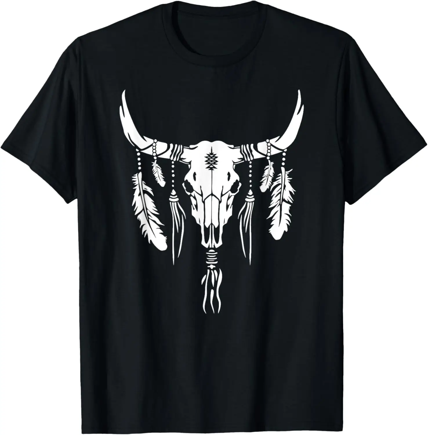 

Boho Longhorn Bull Skull Design Cow Skull and Feathers Art T-Shirt