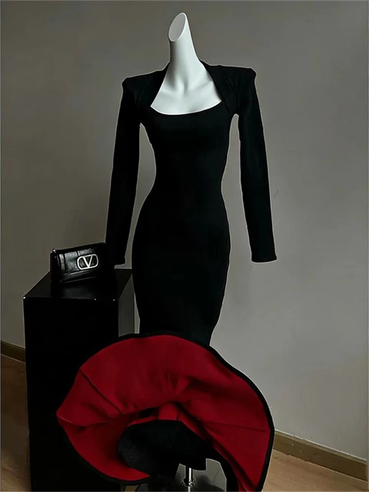 

Minimalist Black Long Sleeve Dress Women's Fashion Square Collar Slim Fit Fish Tail Winter New Style Korean Style A-Line Skirt