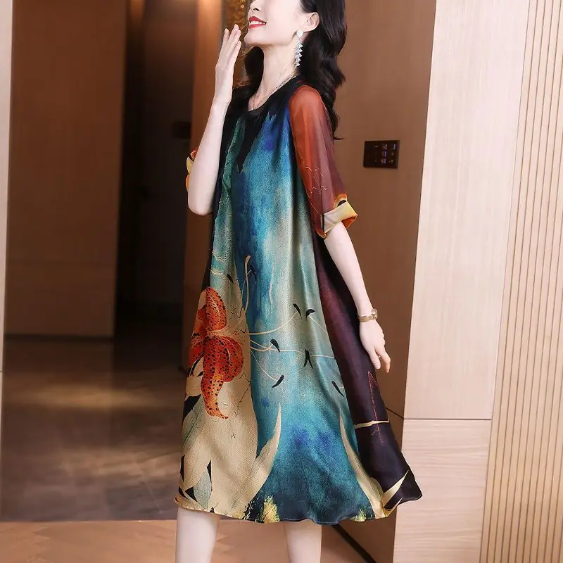 2023 Summer New Trendy Women's Short Sleeve Round Neck Elegant Fashion Printing Simplicity Commute Mid Length Versatile Dress