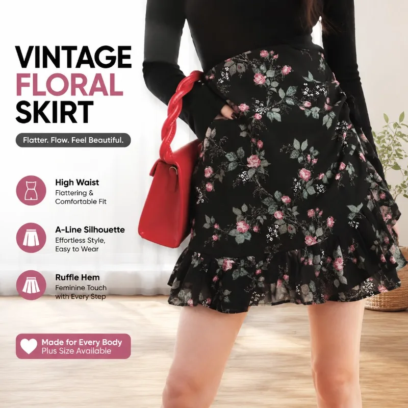 

Vintage Floral Midi Skirt Summer A Line Dress Plus Size High Waist Chiffon Ruffle Hem Hip Cover Mini Dress Elegant Casual Daily