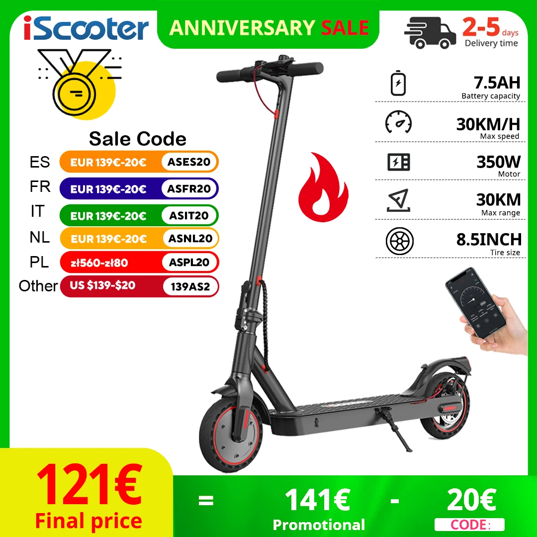 iScooter i9 Electric Scooter 7.5Ah Battery Foldable e scooter 30km/h Speed With App Control 350w Adult Electric kick Scooter