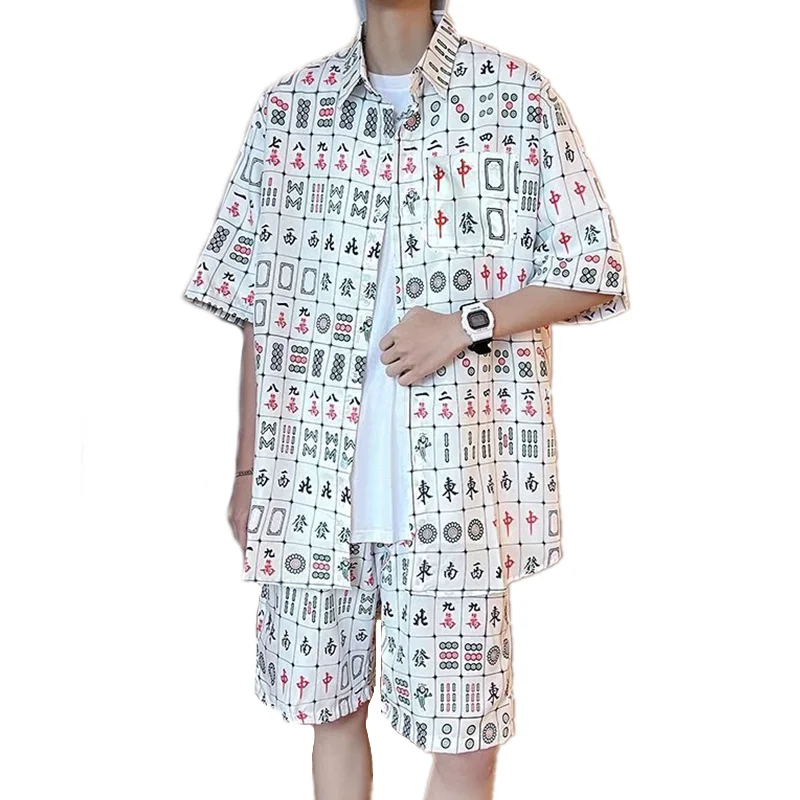 Ensemble chemise et short hawaïens à manches courtes pour hommes, chemise décontractée imprimée Mahjong chinois, vêtements de plage deux pièces