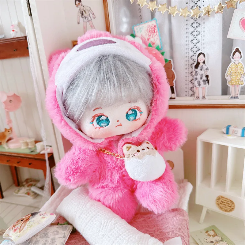 

20cm Cute Pink Bear Fluffy Coat Suit Plush Doll Kawaii Stuffed Soft Idol Cotton Doll DIY Clothes Accessory for Girls Kids Gifts