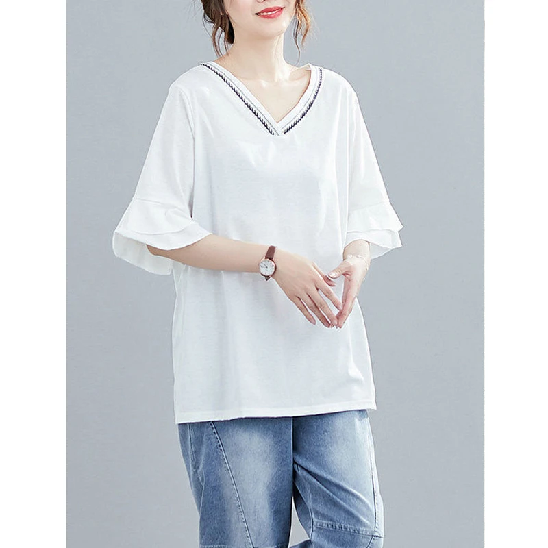 Embroidery V Neck Short Sleeve Black White Oversized Streetwear Tee T Shirts Femmes Summer Casual Tunic Tops for Women Clothing