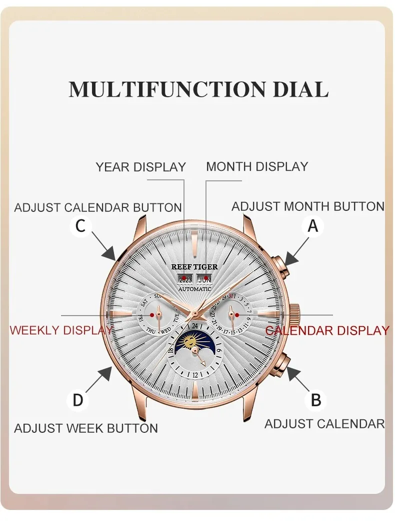 Reef Tiger Men นาฬิกาอัตโนมัติ 42 มม.นาฬิกาข้อมือ 50M กันน้ํา LumeSapphire Mirror Multi-Dial เดือนสัปดาห์วันที่