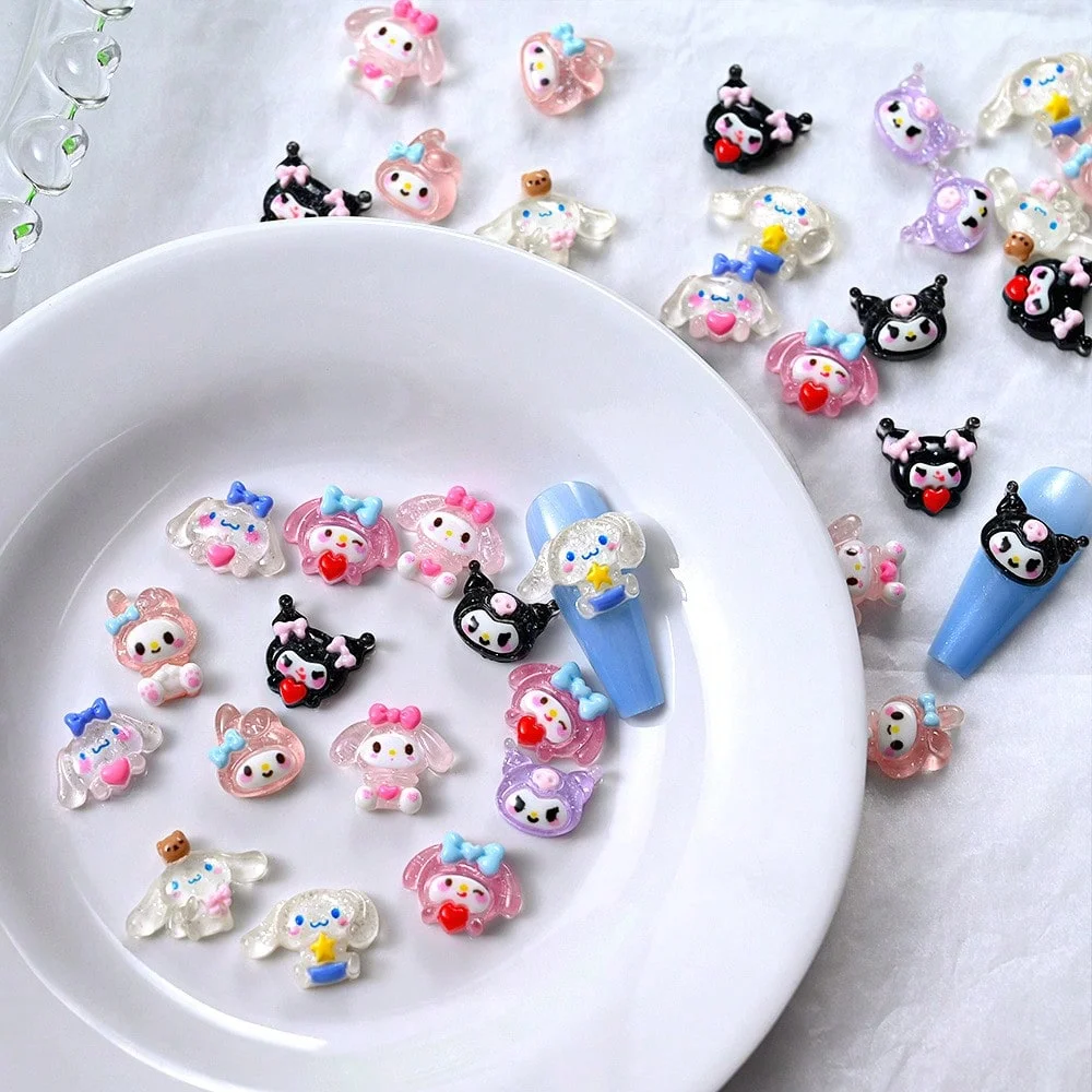 30Pcs Cute Cartoon 3D Resin Nail Charms Kuromi My Melody Cinnamoroll Mixed Design DIY Nail Art Manicure Decor Accessories
