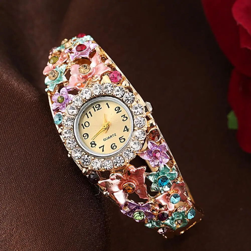 Shinny Flower Bangle Watch Round Rhinestone Dial Classic Formal Dress Quartz Bangle Wristwatch Fashion Jewelry Feminine Watch