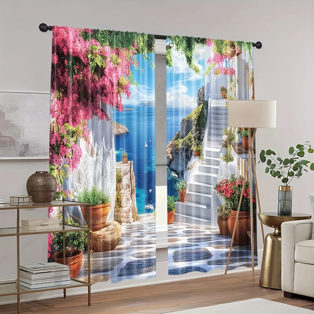Tropical Ocean View Curtains Beach Floral Resort Window Panels Bohemian Nature Print Waterproof Home Decor Drapery