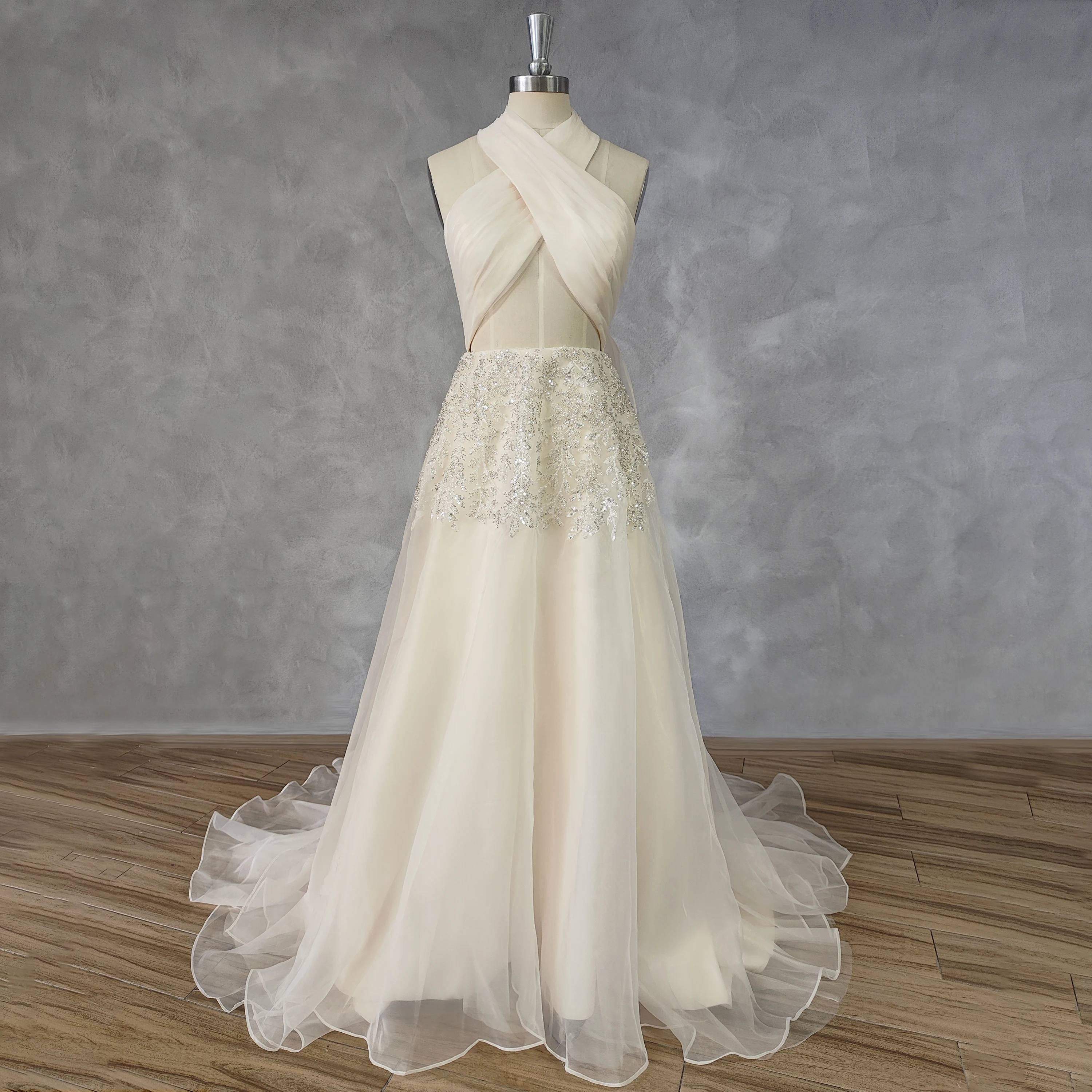 DIDEYTTAWL Real Picture Halter Organza Beaded A-Line Wedding Dress For Women Cut Out Zipper Back Court Train Bridal Gown