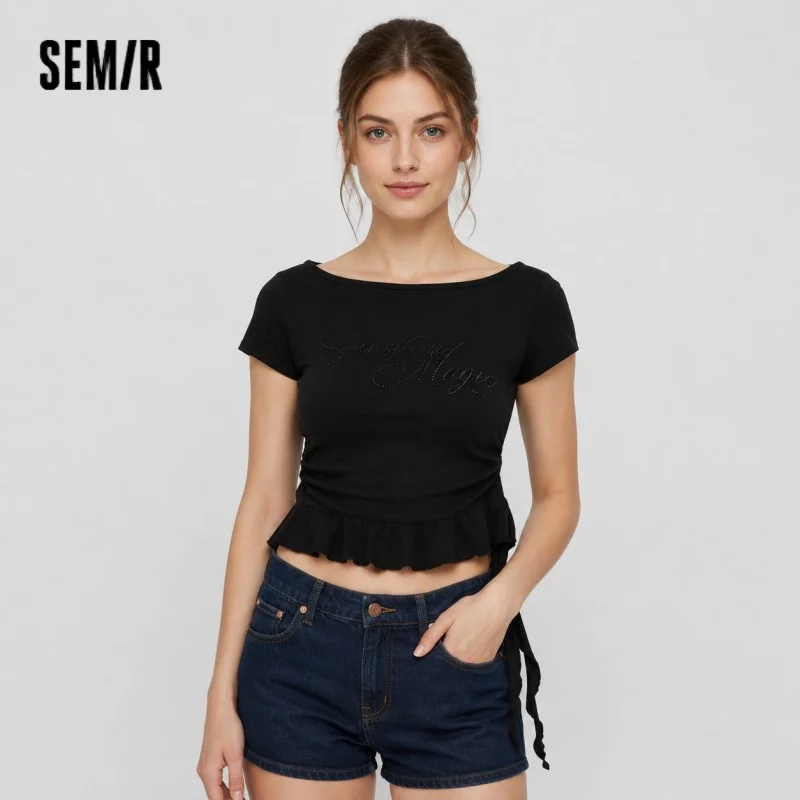 Semir Women Tshirt One Shoulder Ruffle Rhinestone Cropped Top 2026 Summer Fashion
