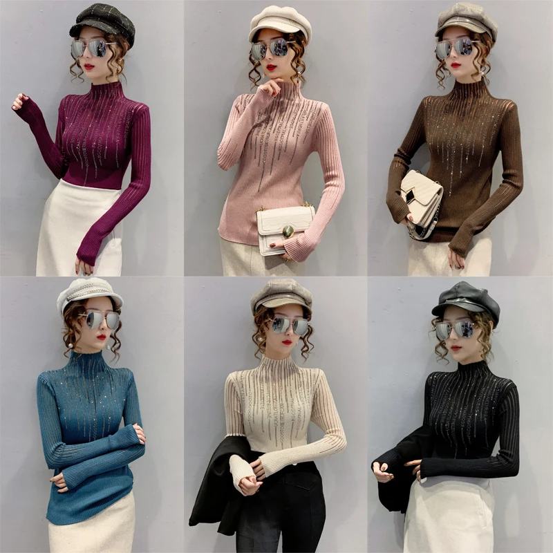 MadBlack European Clothes Sweater Women Turtleneck Letter Rhinestone Slim Knit Top Long Sleeve Pullovers Autumn Spring T38067JM