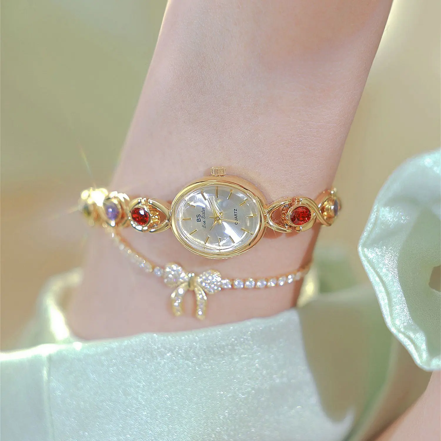Ladies' Watches Elegant, Oval Shaped, Colorful, Rainbow Diamond Bezel, Waterproof Steel Strip, Quartz Watch for Ladies