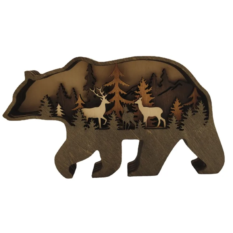 2023 New DIY Wood Elk Brown Bear Ornament Decoration Home Wooden Brown Bear Light Craft Ornament Decor Christmas Gift Crafts