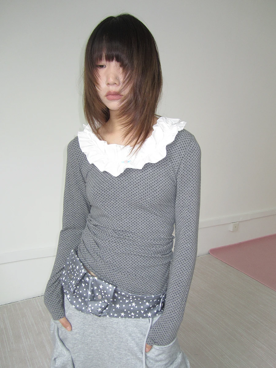 

Свободная длинная футболка Sve, женская корейская футболка с рюшами в горошек, универсальная, удобная, дышащая, приятная для кожи