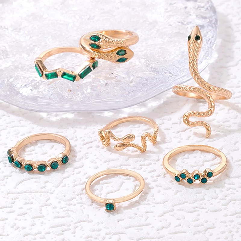 Tocona Luxury Green Rhinestone Joint Snake Ring Sets Charms Alloy Geometry for Women Men Party Jewelry 7pcs/sets кольца 22493