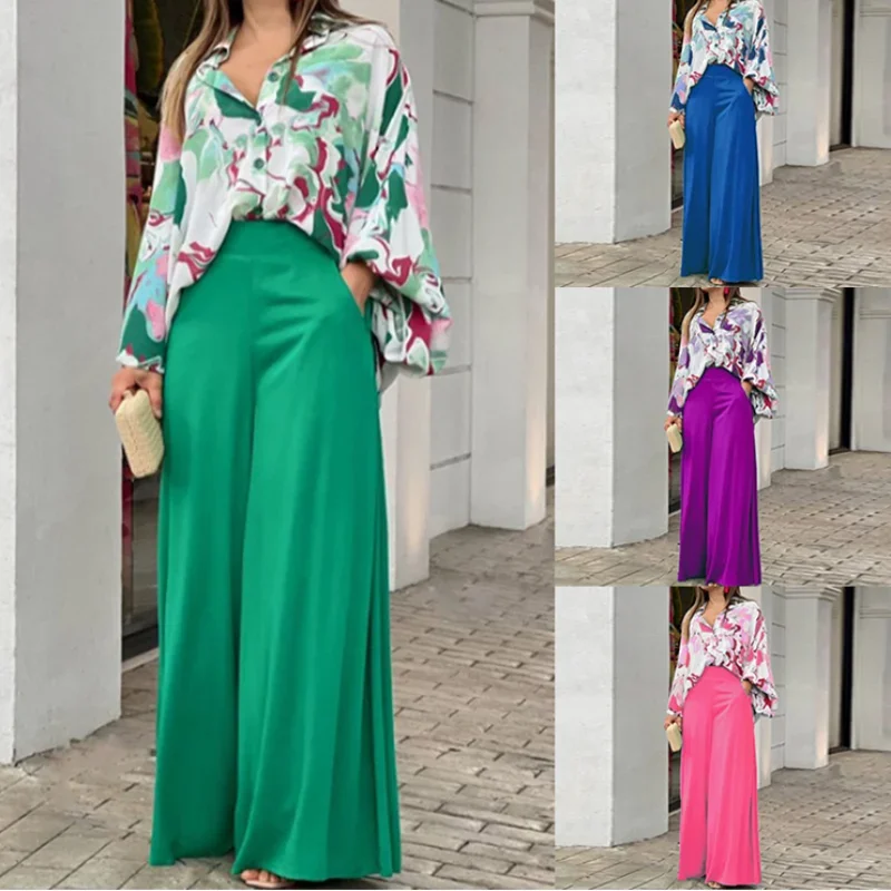 

2023 New European and American Women's New Print Casual Suit Loose Large Polo Shirt High Waist Wide Leg Pants 2 Piece Set