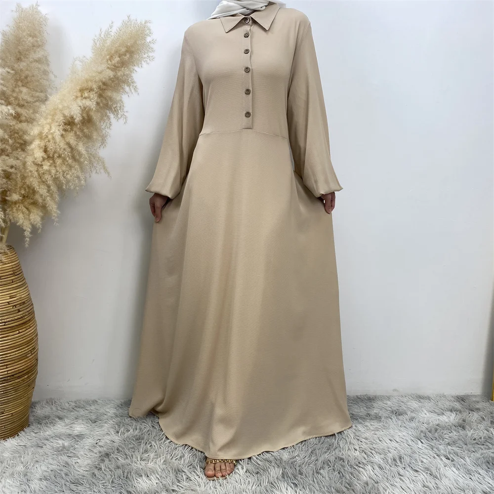 Muslim women summer hot sale chiffon dress Middle East Dubai Turkey solid color loose button elegant temperament dress with pock