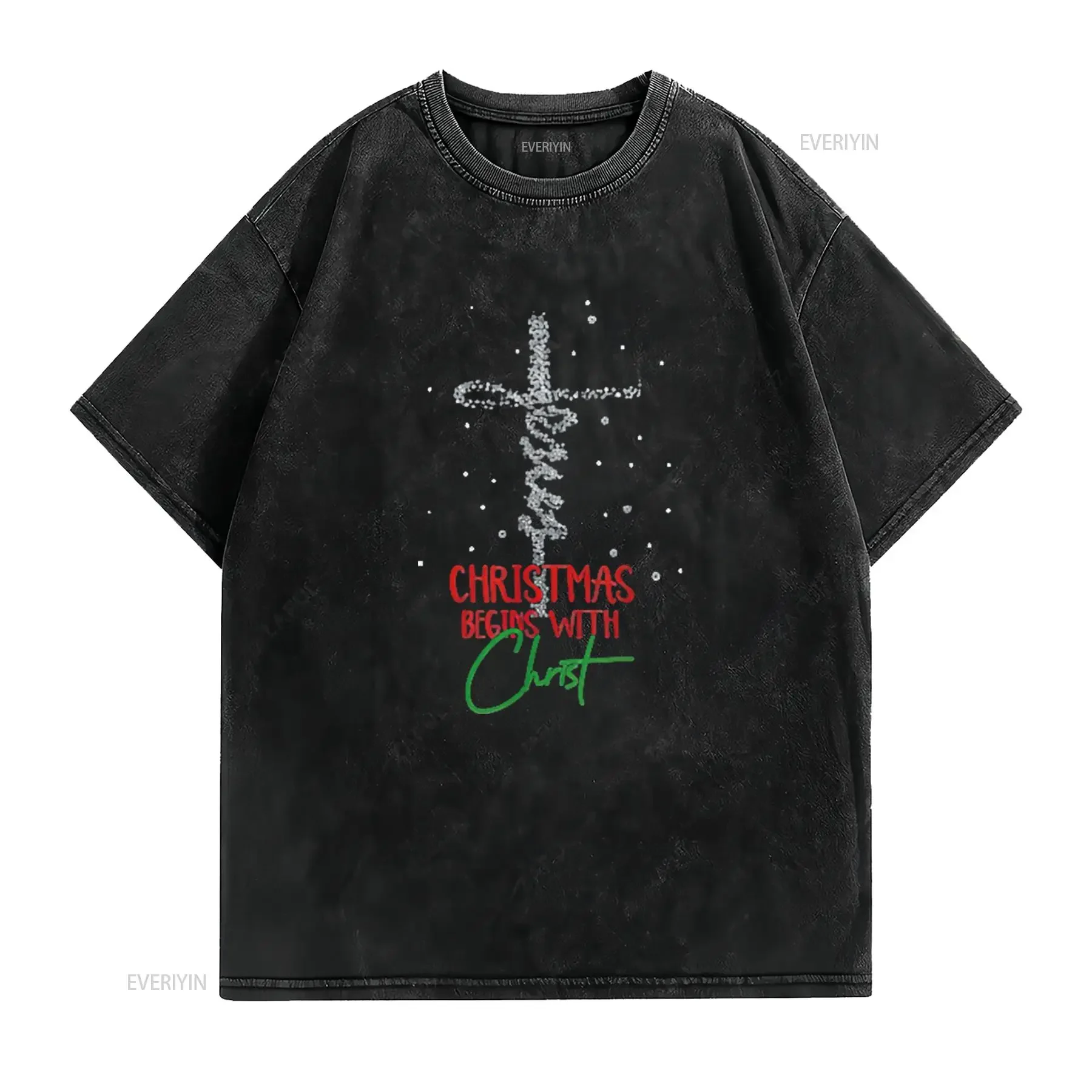 Christmas Begins With Christ Snowman Christian Religious Womens T Shirt Black XL vintage Washed Stretched homme Soft Stylish