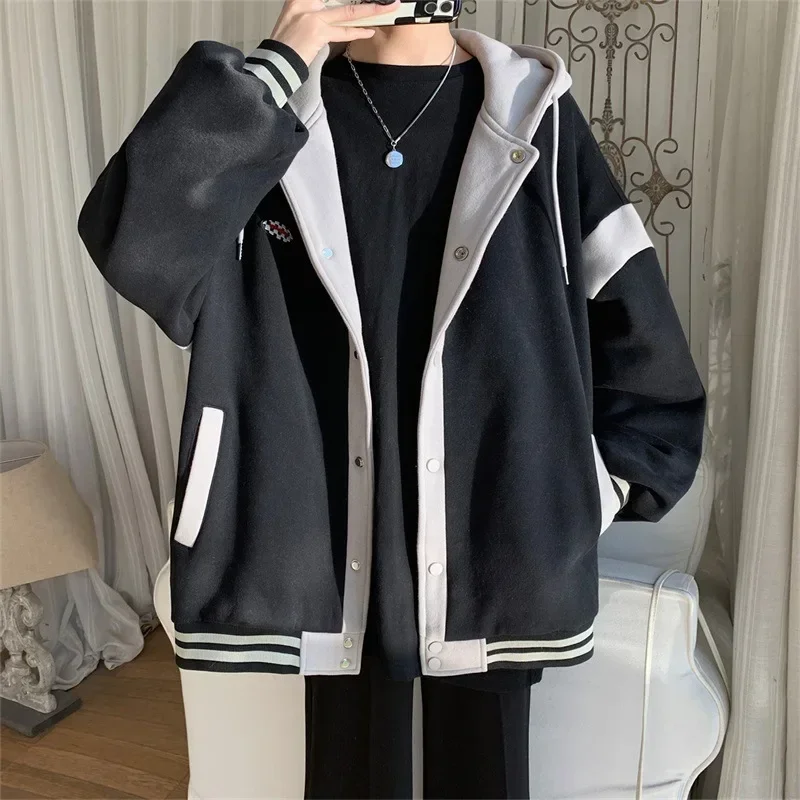 Y2k Fashion Hooded Sweatshirt For Women Thin Loose Patchwork Single Breasted Hoodies With Pocket Female Baseball Cardigan Jacket