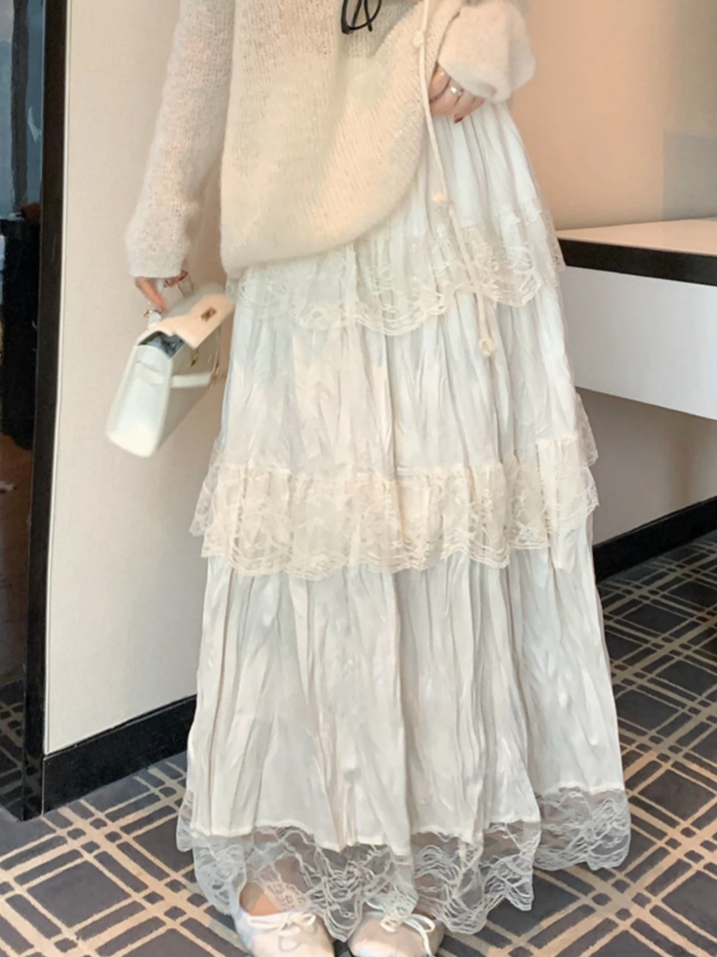 

Lace Splicing A-Line Skirt Women's Spring Autumn plus Size Slimming Design High Waist Cake Long Skirt Korean Style