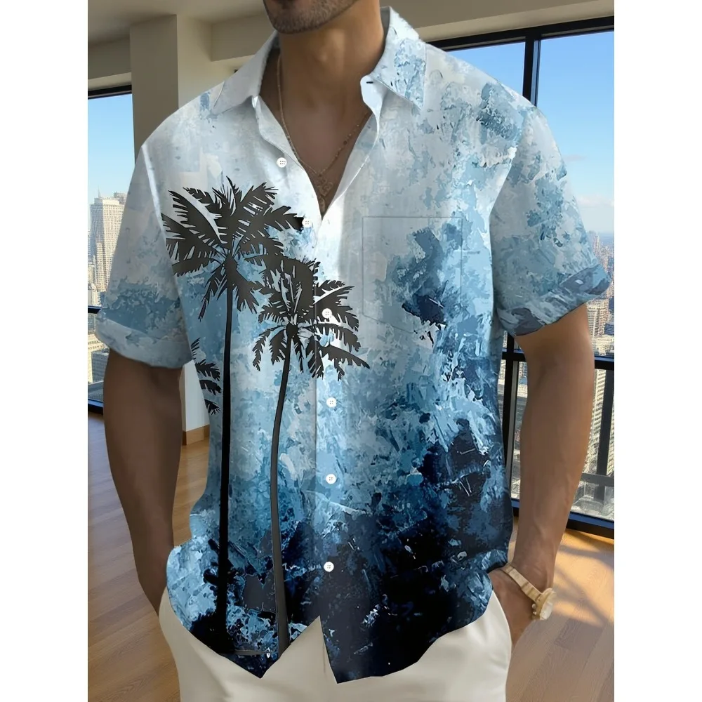 Minimal Ink Texture Lapel Resort Shirt Multi Occasion Wear, Monochrome Splash Blue Palm Tree Silhouette Art Print