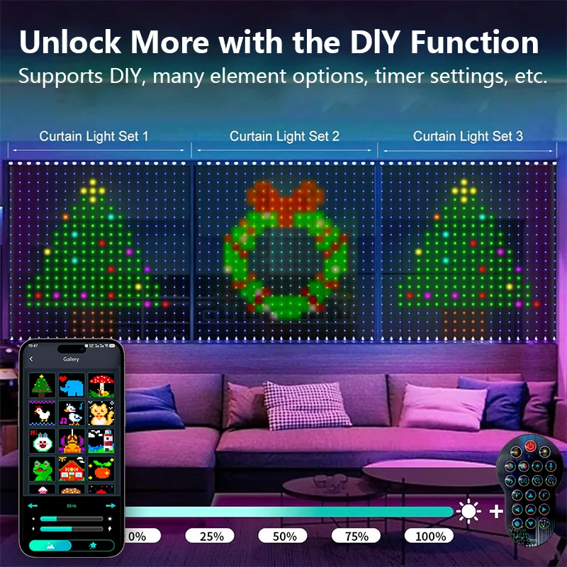 Smart Curtain Lights RGBIC Color Changing LED String Lights Dynamic DIY with App Control Remote for Bedroom Holiday Party Decor