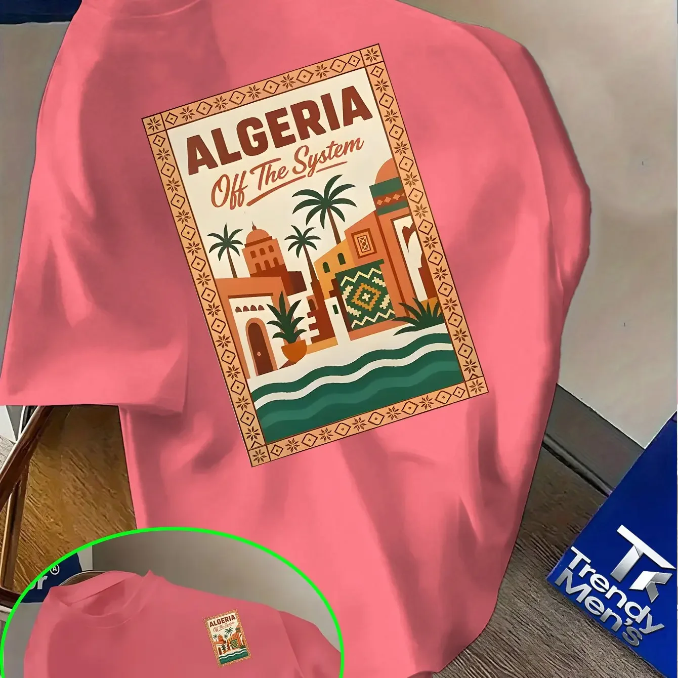 Camiseta gráfica rosa de Argelia para hombre, diseño de texto y paisaje urbano en negrita "ALGERIA", camiseta ligera de verano con ligero estiramiento