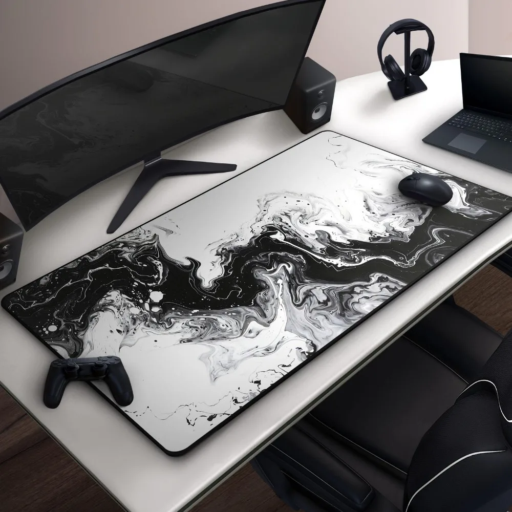 Cool Black & White Abstract Marble Mousepad, Modern Monochrome Ink Wave Desk Mat, Minimalist Design, Large Gaming Mat