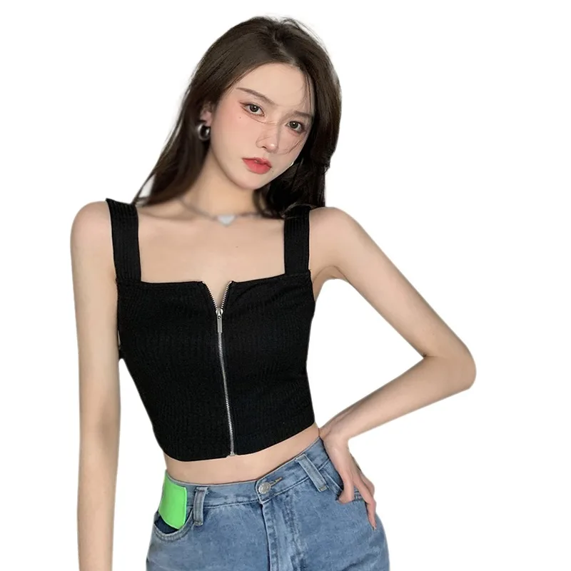 Women's Camisole  Square Neck Sleeveless Crop Top With Zipper