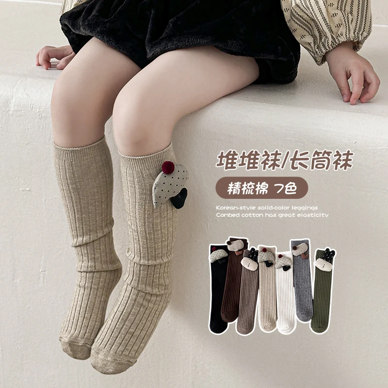 Cute Girls Long Stack Socks Solid Color Style Adorned With 3D Cartoon Cloth Doll Ornament Elastic Breathable Slouch Lovely Socks