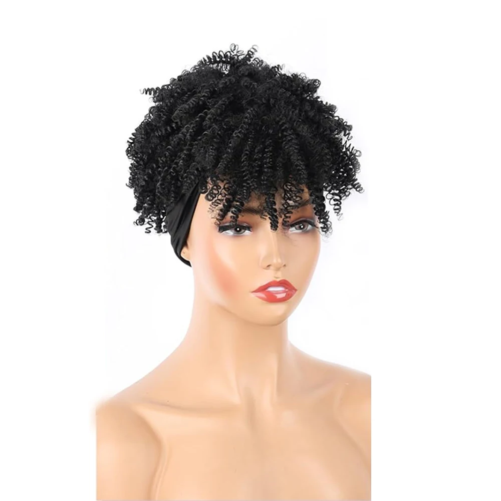 Afro Ombre Brown Headband Wig Short Afro Wigs for Black Women Synthetic Afro Kinky Curly Headband Wig with Bangs for Women Natu