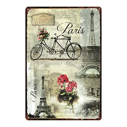 Retro Vintage Metal Plaque Sign Garden Beautiful Flowers Bicycle Bike Eiffel Tower in Paris Tin Sign for Home Bar Kitchen Pub Wa